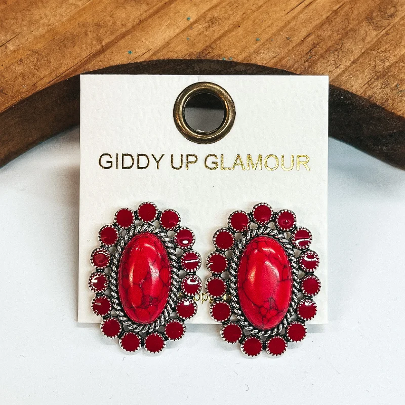 Stylish Drop Earrings-Faux Red Stone Concho Post Earrings