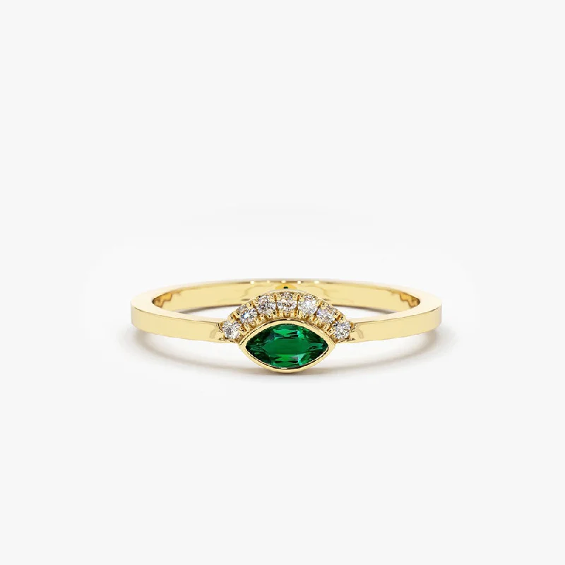 Custom Classic Wedding Rings for Men-14k Marquise Emerald Eye Diamond Ring