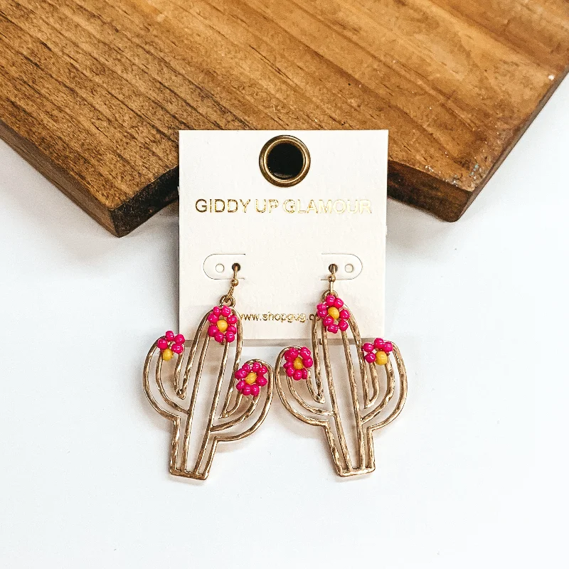 Personalized Gemstone Drop Earrings-Gold Tone Cutout Cactus Earrings with Seedbeaded Flowers in Pink