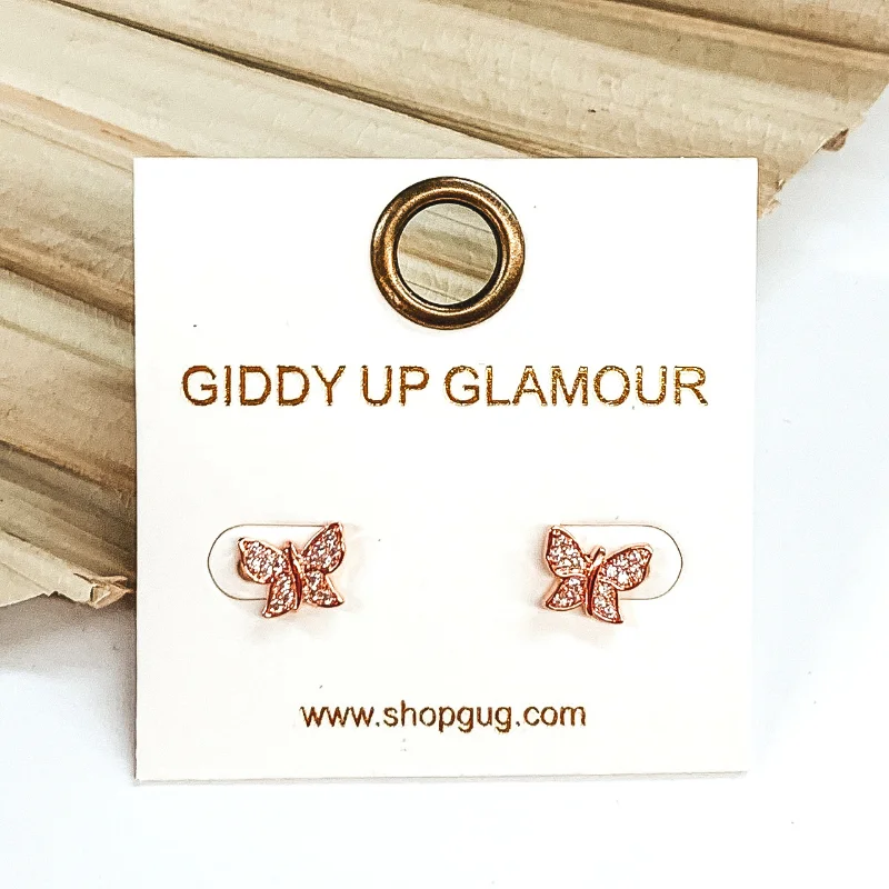 Custom Silver Drop Earrings-Dainty Butterfly Shaped Stud Earrings with CZ Crystals in Rose Gold