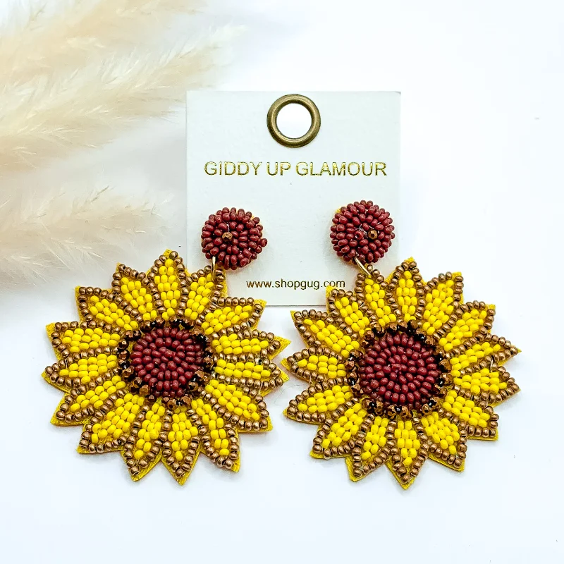 Elegant Crystal Earrings-Beaded Sunflower Drop Earrings