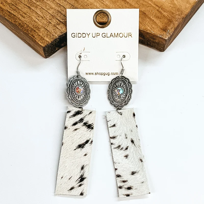 Simple Hoop Earrings for Women-Silver Concho Earrings with Faux Cow Hide in Black/White