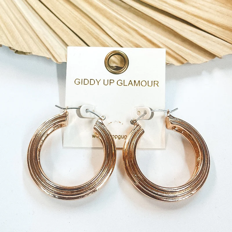 Silver Hoop Earrings-Night In The City Thick Textured Lined Hoops in Gold