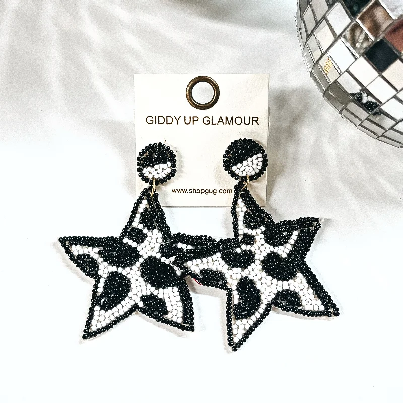 Silver Hoop Drop Earrings-Stars In Your Eyes Cow Print Beaded Star Earrings in Black