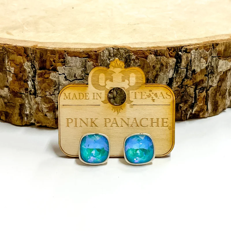 Trendy Drop Earrings for Women-Pink Panache | Silver Tone Stud Earrings with Cushion Cut Crystals in Laguna Delight