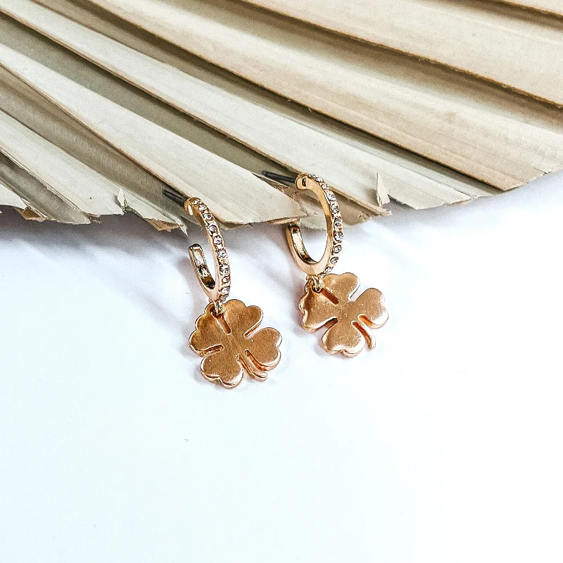 Classic Gemstone Drop Earrings-Small Crystal Hoop Earrings with Hanging Four Leaf Clover Charm in Gold Tone