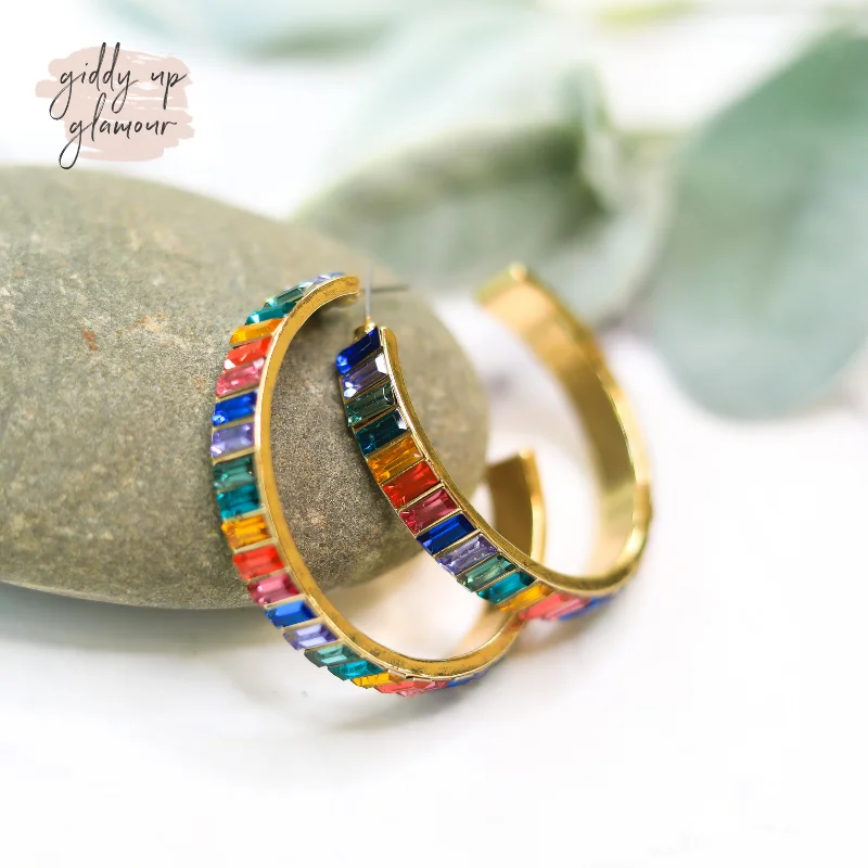 Colorful Drop Earrings for Women-Rainbow Baguette Stone Hoop Earrings