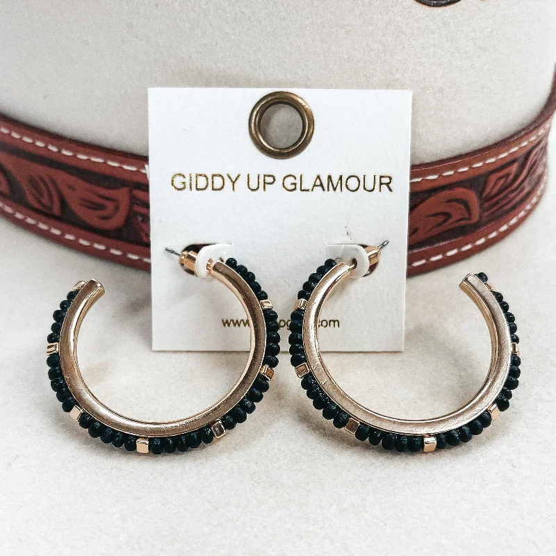 Geometric Gemstone Earrings for Women-Gold Hoops with Wood Beads and Gold Spacers in Black