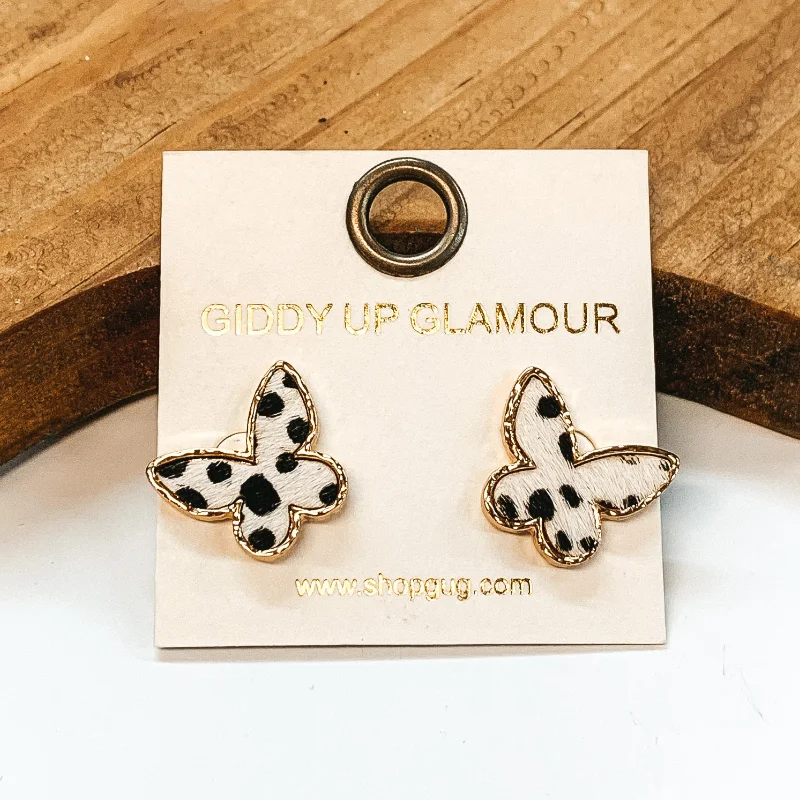 Elegant Drop Earrings-Gold Post Butterfly Earrings in White Dotted Print