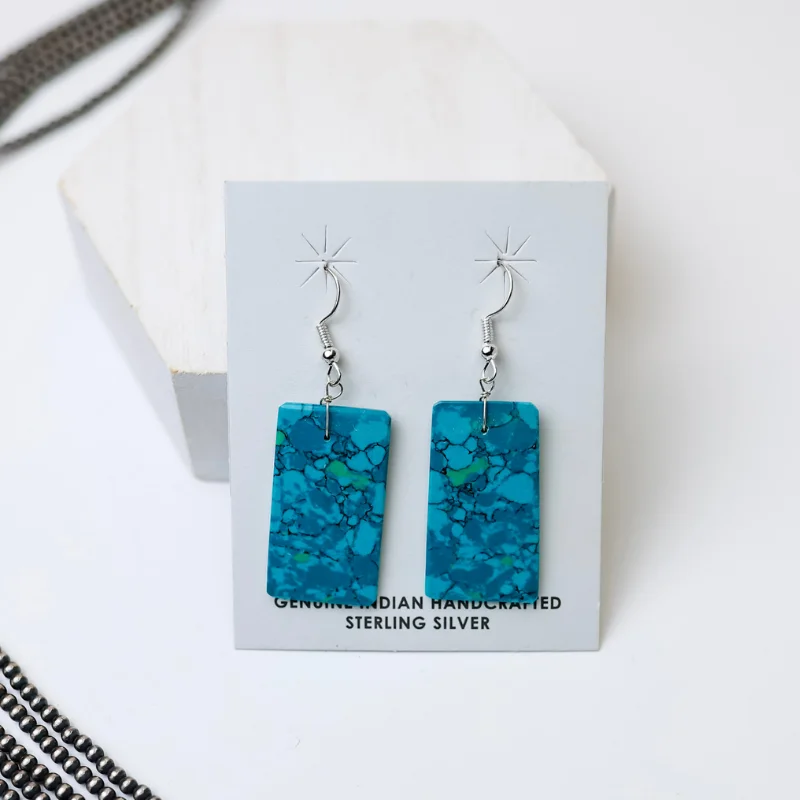 Minimalist Hoop Earrings-Corraine Smith | Navajo Handmade Turquoise Rectangle Slab Earrings in Deep Teal