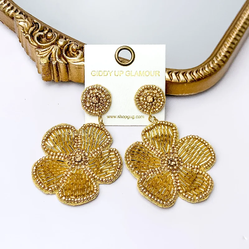 Simple Drop Earrings for Women-Beaded Flower Earrings in Gold with Crystal Stones