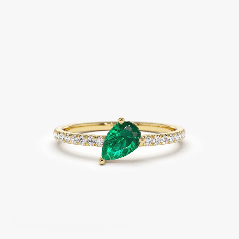 Vintage Diamond Wedding Rings for Women-14k Slanted Pear Shape Emerald Ring with Pave Diamonds