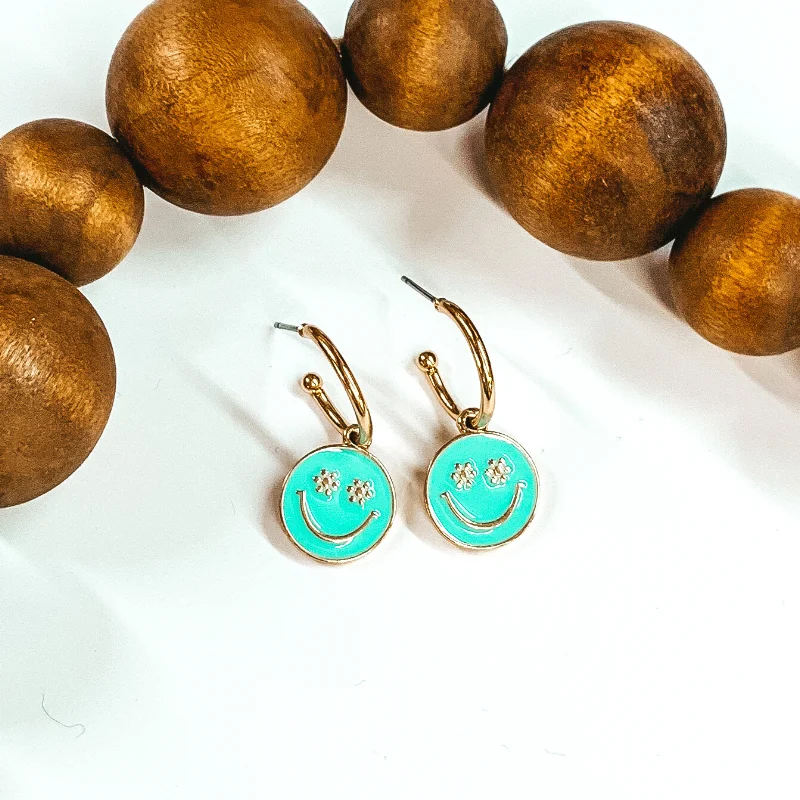 Sparkling Crystal Earrings-Gold Tone Hoop Earrings with a Happy Face Circle Pendant in Aqua