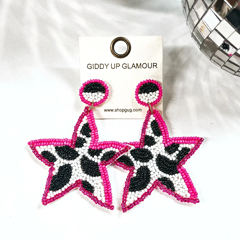 Simple Pearl Earrings-Stars In Your Eyes Cow Print Beaded Star Earrings in Hot Pink