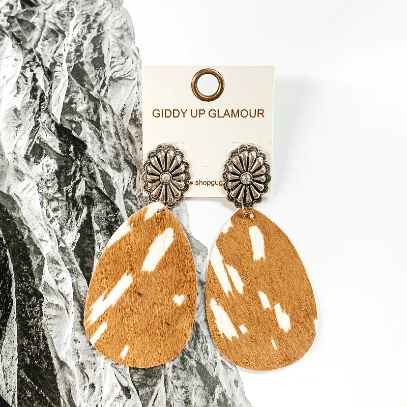 Designer Gold Earrings-Silver Tone Concho Stud Earrings with Hanging Teardrop in Tan Cow Print