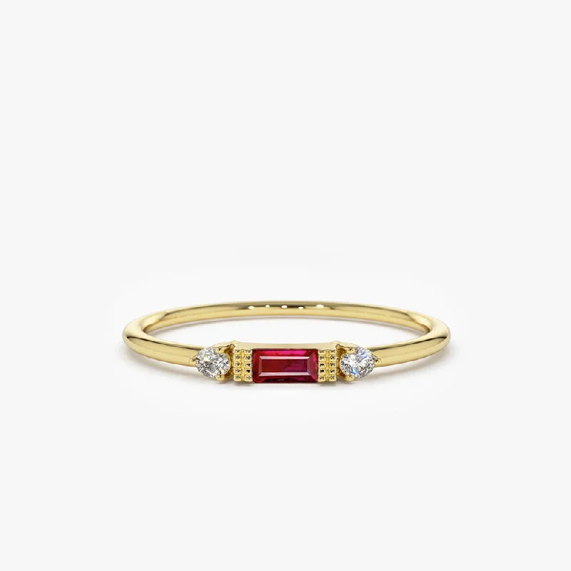 Affordable Custom Wedding Bands-14K Baguette Ruby With Diamond Ring