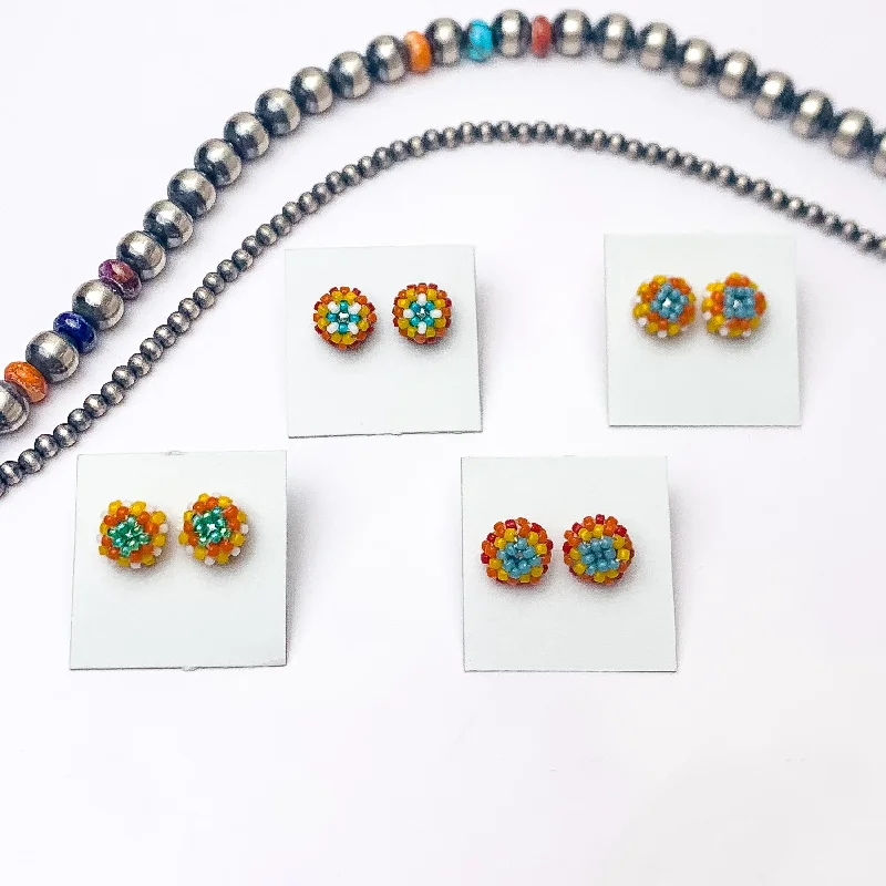 Designer Crystal Earrings-Navajo | Navajo Handmade Beaded Stud Earrings in Turquoise, Yellow, and Red