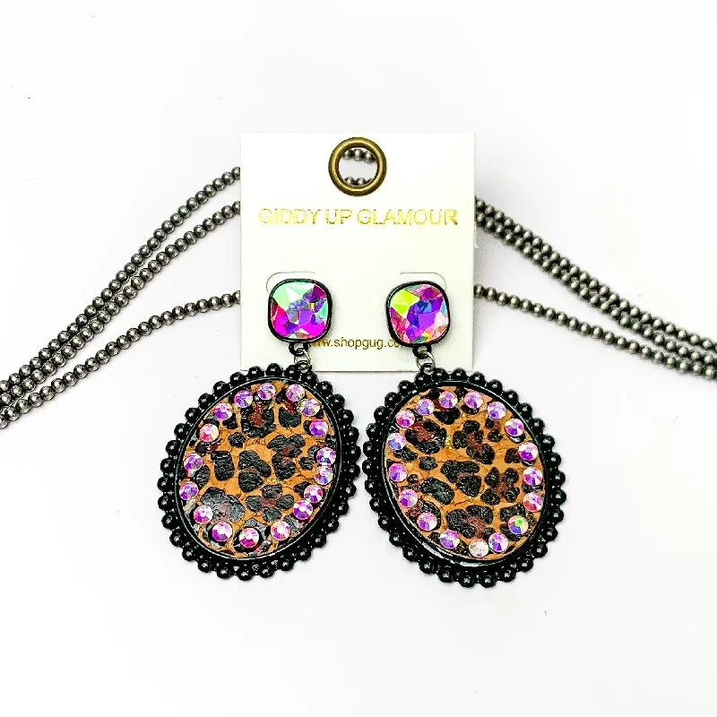 Elegant Gemstone Earrings-AB Crystal Post Black Oval Earrings with Leopard Print Inlay and AB Crystal Outline