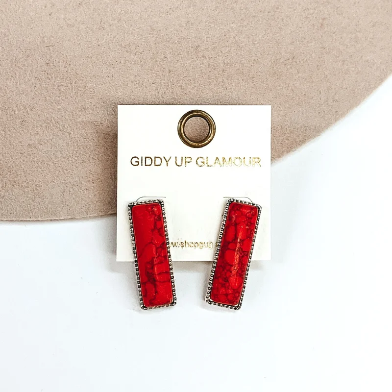 Trendy Pearl Earrings-Medium Rectangle Faux Stone Silver Tone Earrings in Red