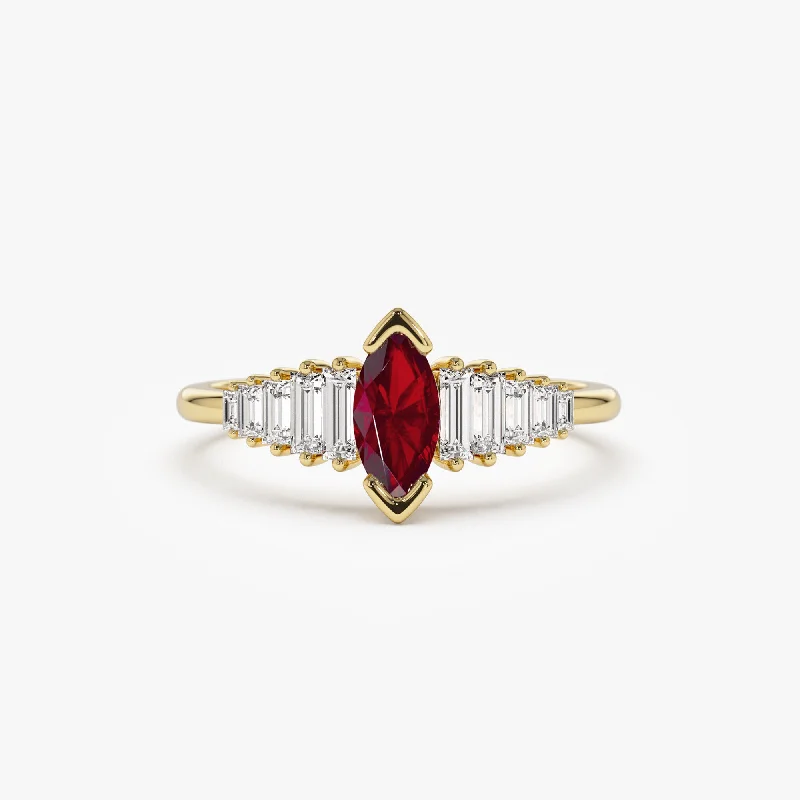 Personalized Gemstone Engagement Rings-14k Gold Marquise Shape Ruby  Ring with Baguette Accents