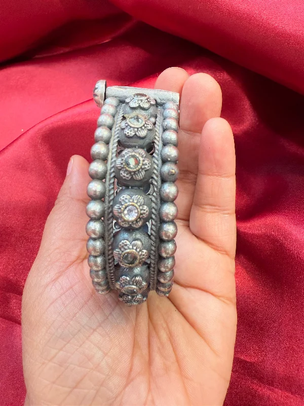 Multi-layered Bracelets for Women-Trendy Tribal Oxidized Silver Ethnic Open Bridal Kada Cuff Bracelet With White Stone