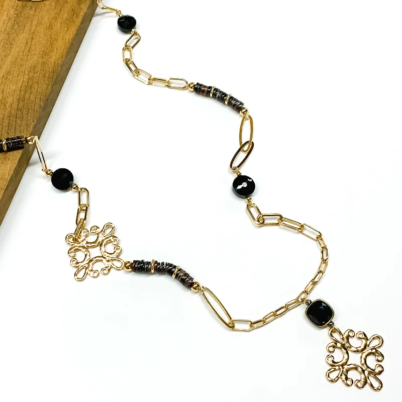 Crystal Dangle Earrings for Women-Pink Panache | Long Gold Tone Paperclip Chain and Black Beaded Necklace with Black Cushion Cut Crystal and Gold Tone Quatrefoil Drop