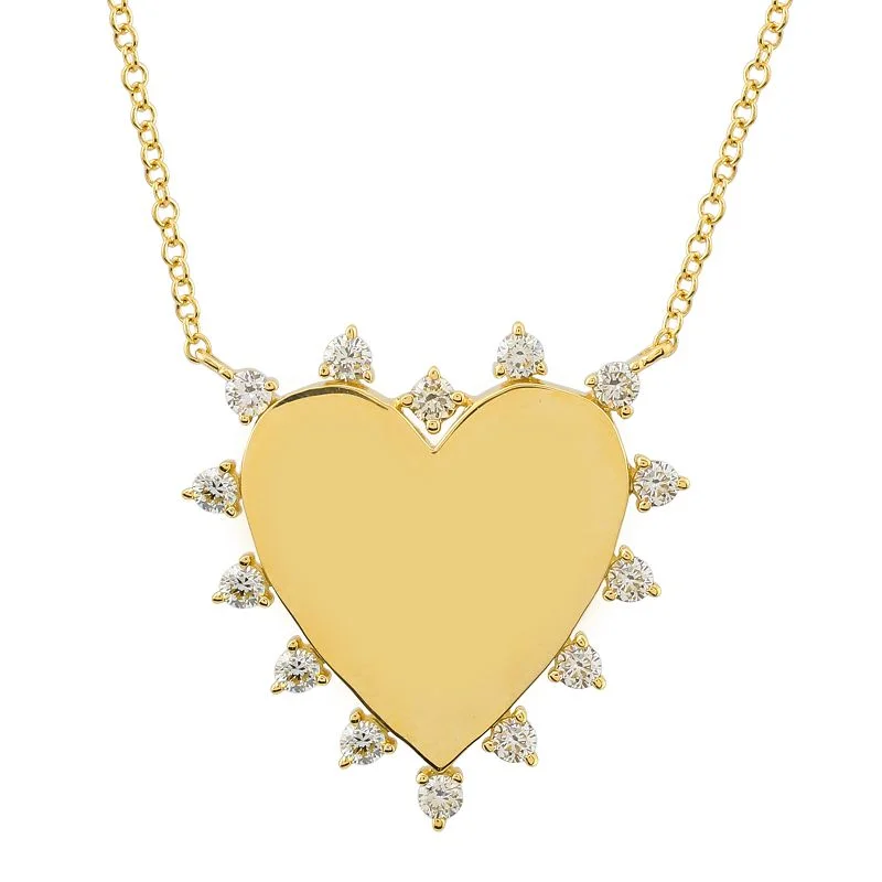 Statement Pendant Necklaces-Solid Gold Heart Necklace with Diamonds