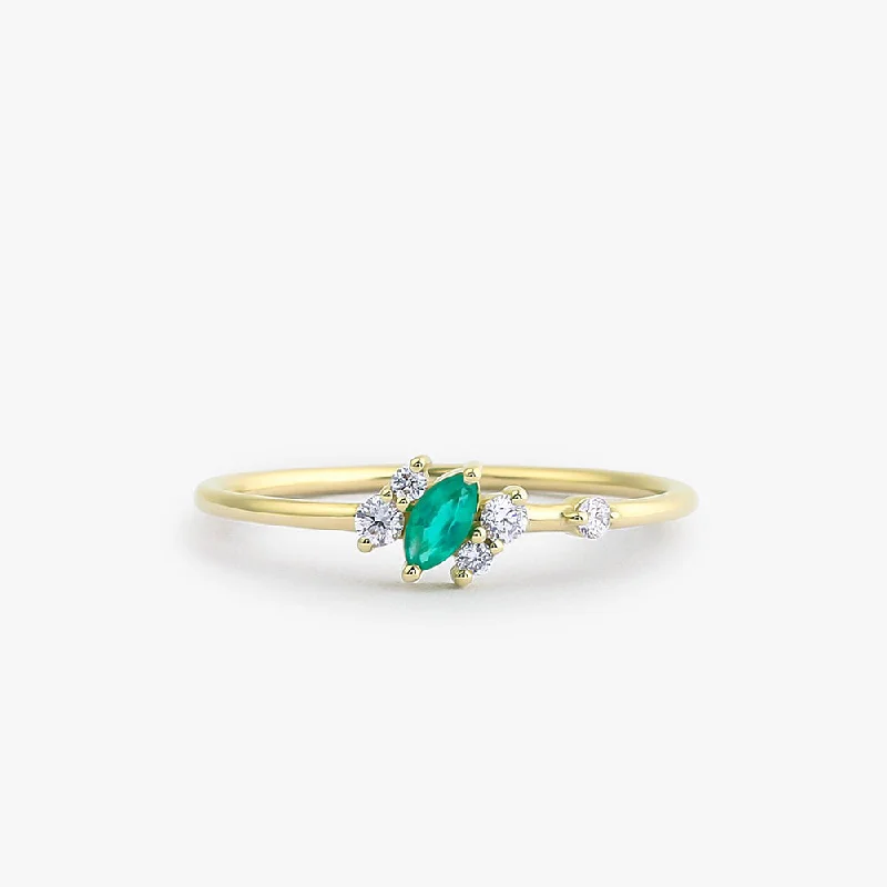 Simple Promise Wedding Bands for Men-14k Slanted Marquise Emerald and Diamond Ring