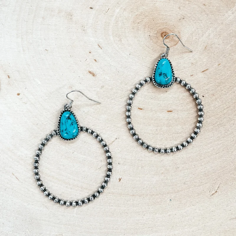 Geometric Pearl Earrings-Turquoise Stone Earrings with a Beaded Texture Circle Drop