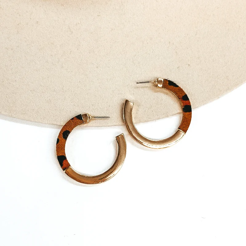 Sparkling Drop Stud Earrings-Gold Flat Hoop Earrings with Half Leopard Print in Brown