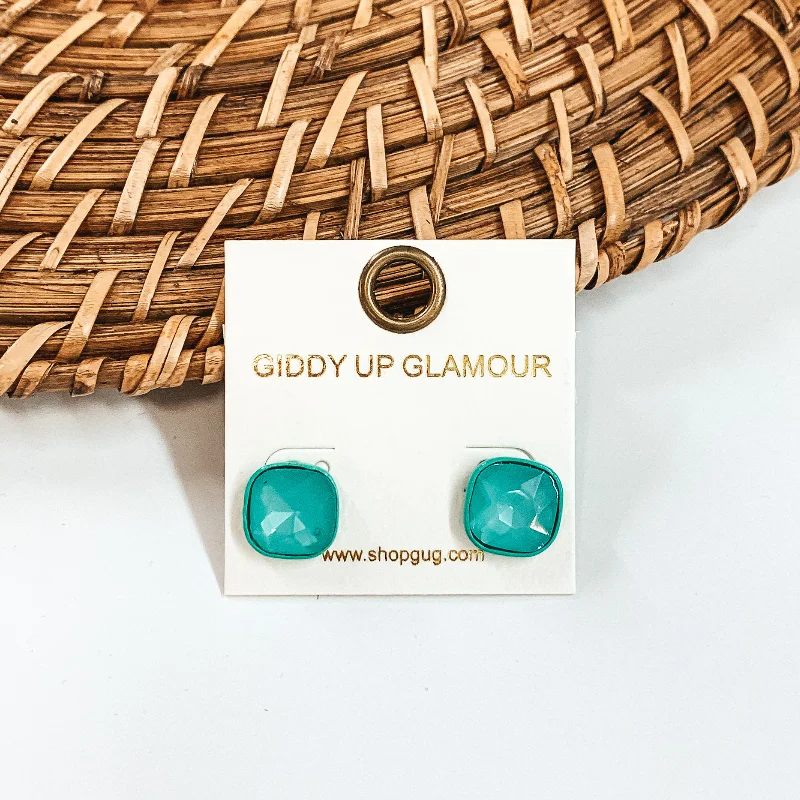 Geometric Crystal Earrings-Square Stud Earrings with Crystals in Turquoise