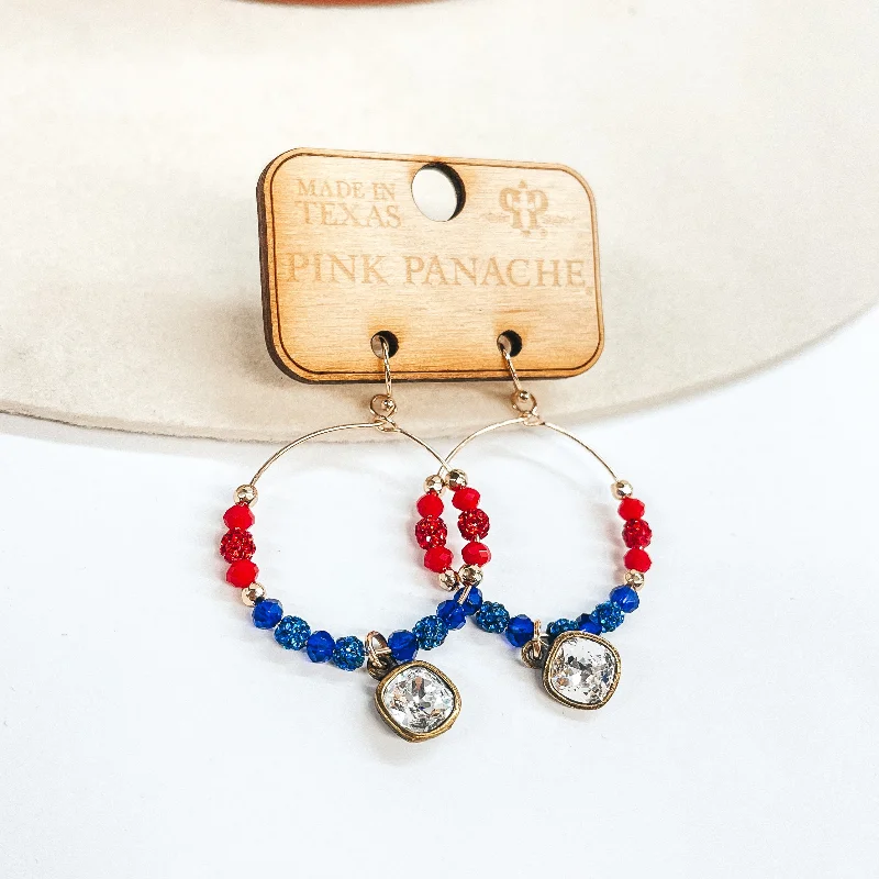 Simple Silver Hoop Earrings-Pink Panache | Gold Hoop Earrings with Red, White, and Blue Crystalized Beads with Hanging Clear Crystal