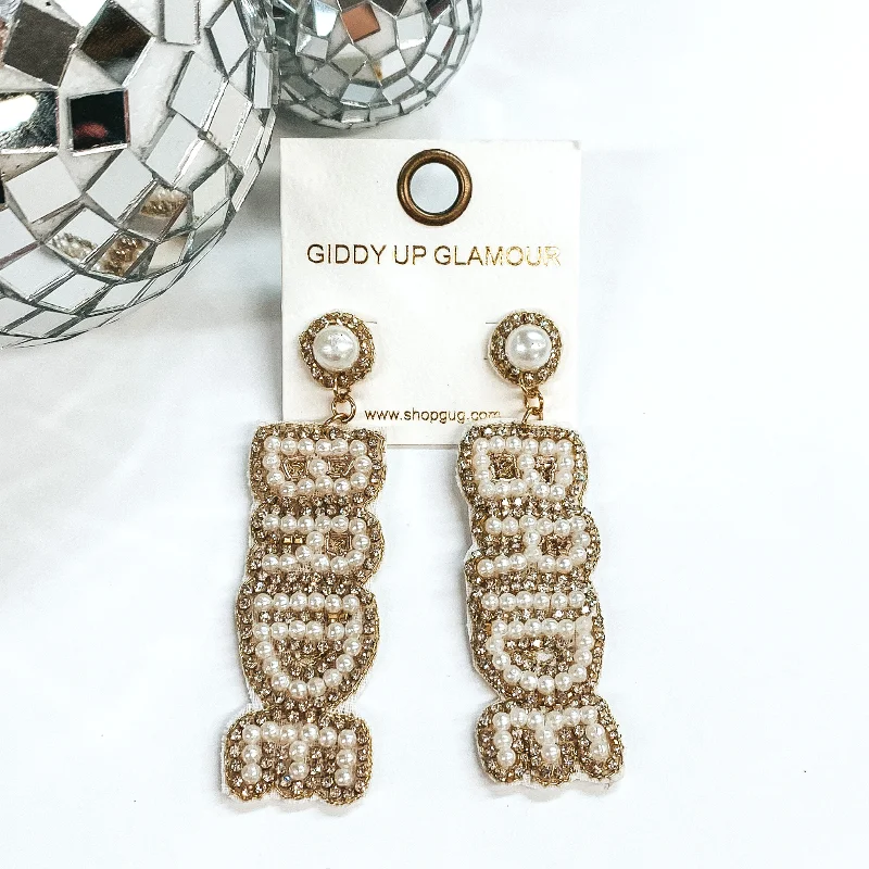 Bold Drop Earrings-Pearl Beaded Bride Earrings with Clear Crystals