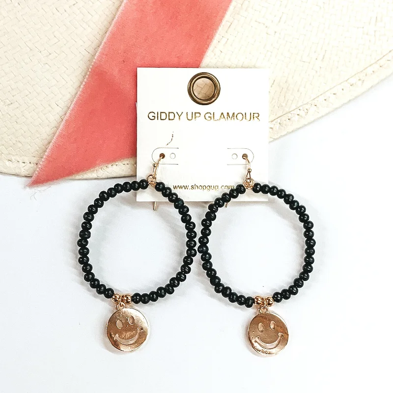 Personalized Hoop Earrings-Wood Beaded Circle Drop Earrings with Gold Happy Face Charm in Black