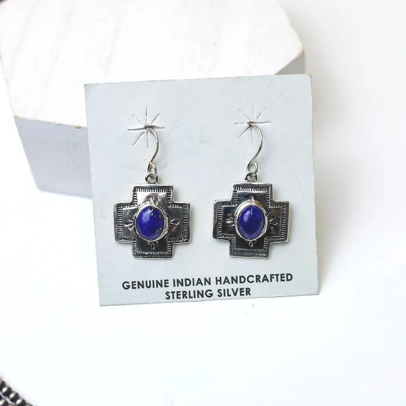 Trendy Drop Stud Earrings for Women-Shirley Henry | Navajo Handmade Small Sterling Silver Cross Earrings with Lapis Stones