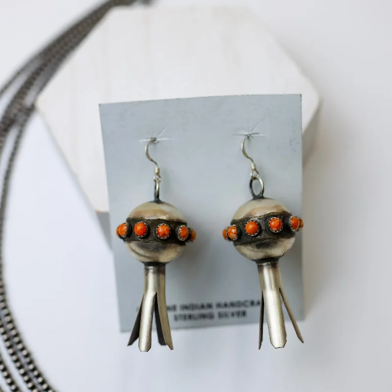 Crystal Dangle Earrings-Monica Smith | Navajo Handmade Sterling Silver Blossom Earrings with Orange Spiny Oyster