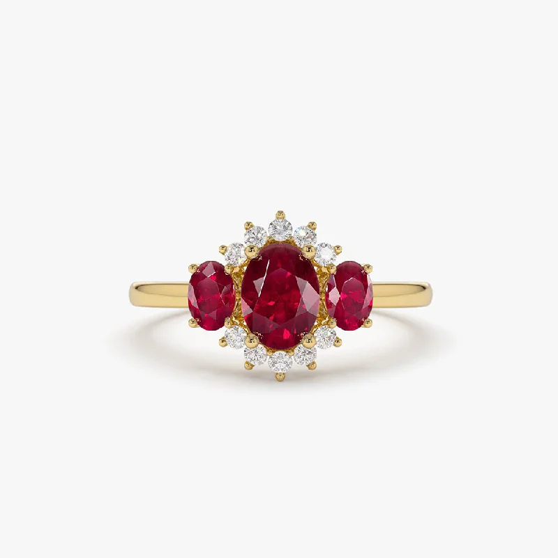 Designer Engagement Ring Sets-14k Three Stone Ruby Cluster Ring