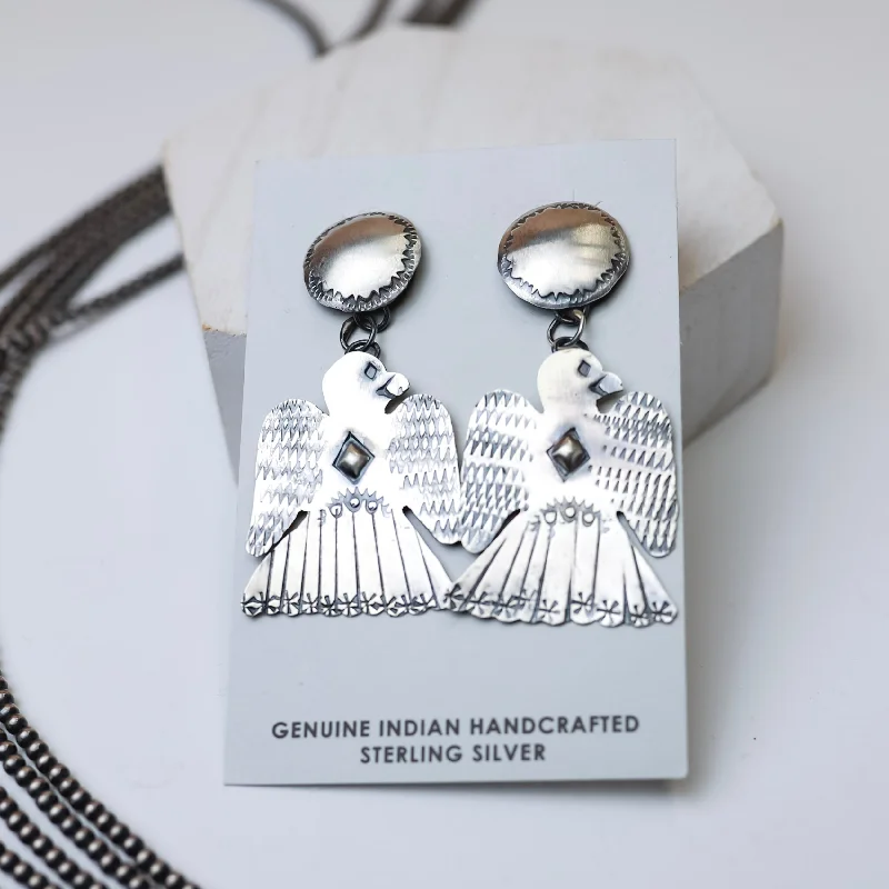 Geometric Drop Earrings for Women-Tim Yazzie | Navajo Handmade Sterling Silver Thunderbird Drop Earrings