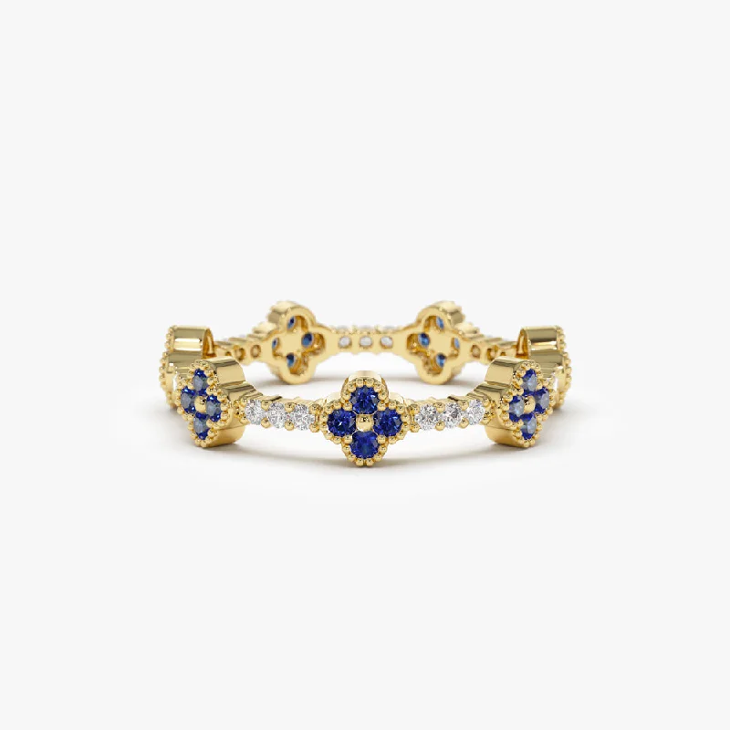 Custom Gold Wedding Ring Sets-14k Full Eternity Clover Sapphire and Diamond Ring