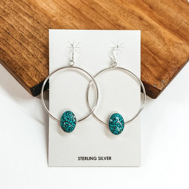 Crystal Gemstone Earrings-Merle House | Navajo Handmade Sterling Silver Hoop Earrings with Oval Kingman Turquoise Stone