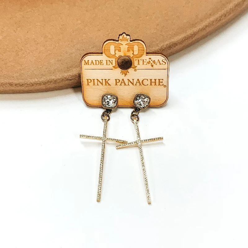 Personalized Gemstone Drop Earrings-Pink Panache | Clear Cushion Cut Post with Gold Pave Cross Earrings