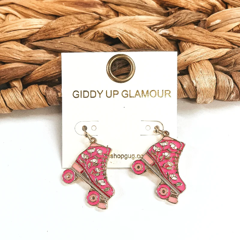 Simple Hoop Earrings for Women-Rink Trips Gold Tone Floral Rollerskate Drop Earrings in Pink