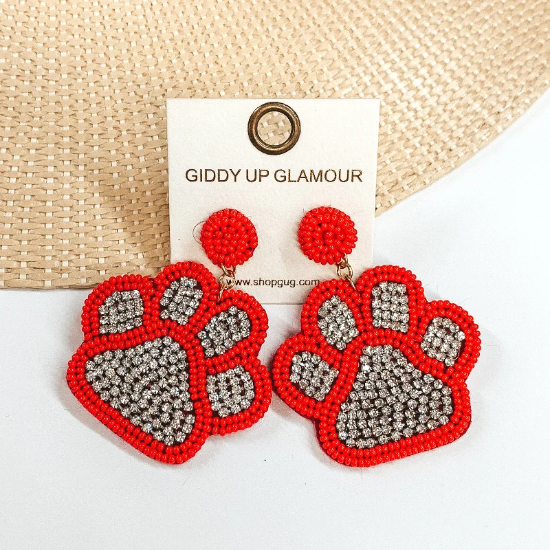 Stylish Hoop Earrings-Beaded Paw Print Earrings with Clear Crystals in Red Orange