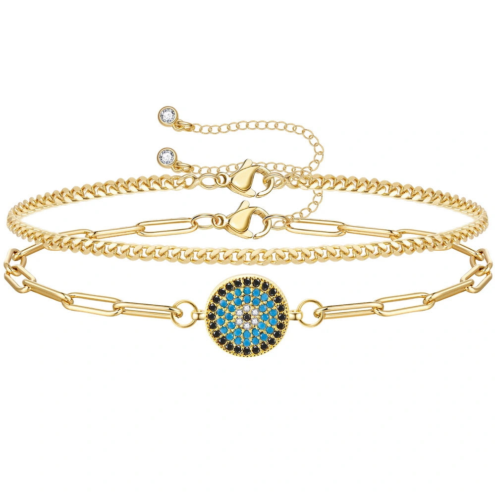 Adjustable Friendship Bracelets-14k Gold Plated Dainty Layered Evil Eye Bracelets- Round eye & Cuban