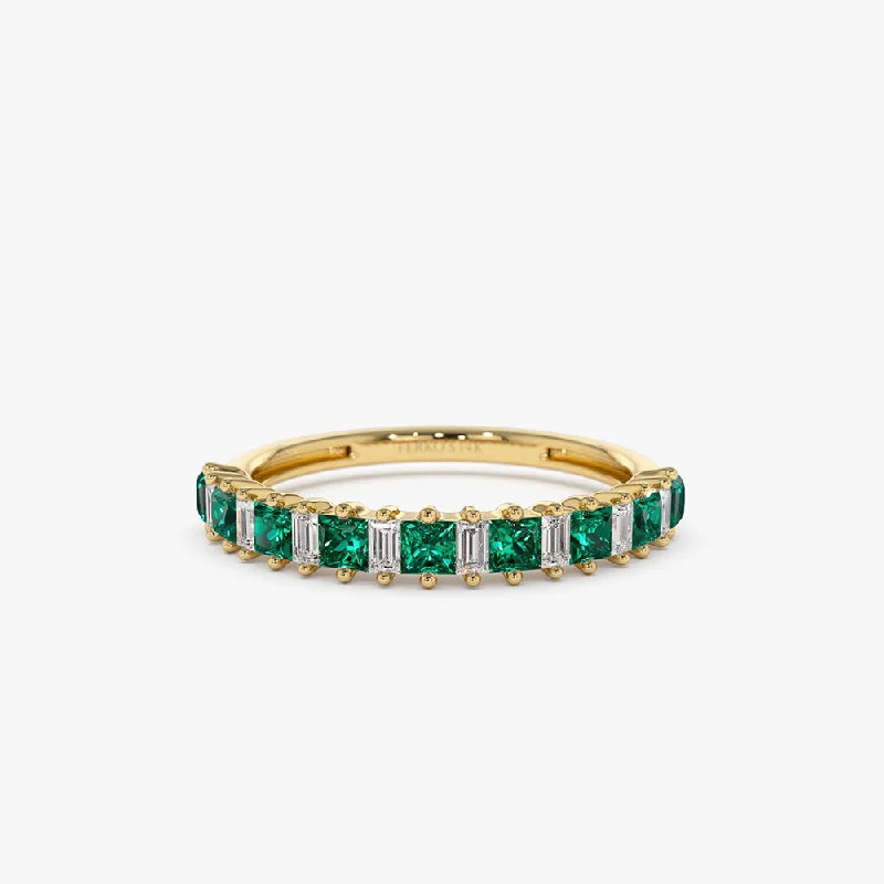 Customizable Promise Bands-14k Unique Princess Cut Emerald and Baguette Diamond Ring