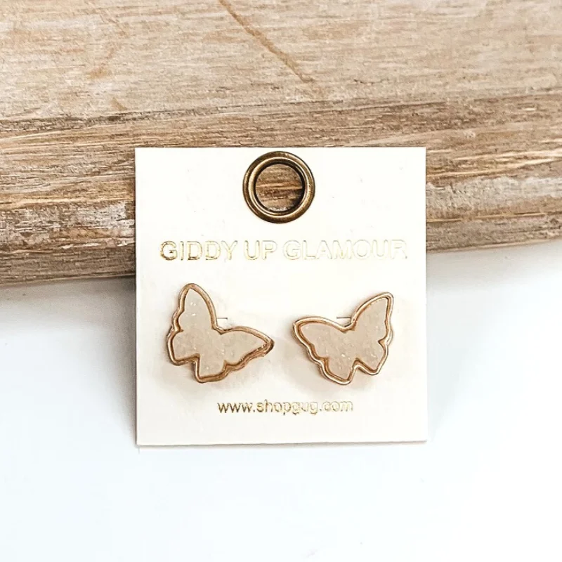 Designer Crystal Drop Earrings-Druzy Butterfly Post Back Earrings in White