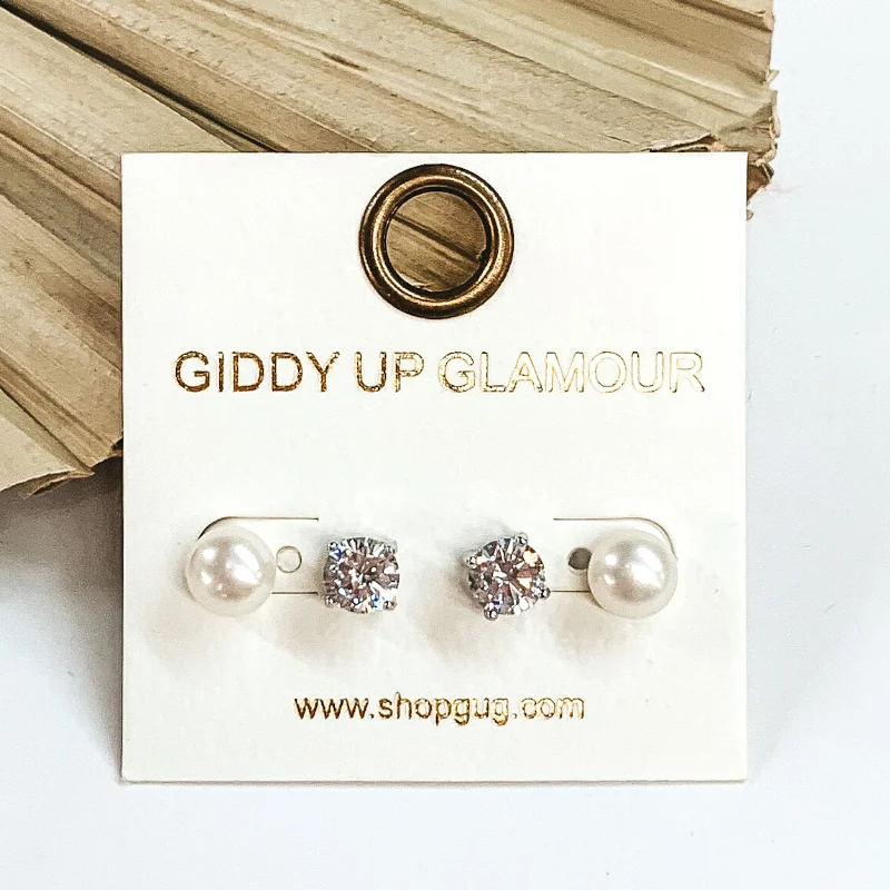 Trendy Crystal Earrings for Women-Clear Crystal and Pearl 2 Piece Stud Earring Set in Silver Tone