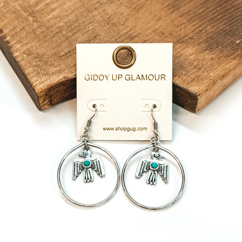 Luxury Silver Hoop Earrings-Circle Drop Earrings with Hanging Thunderbird Pendant in Silver