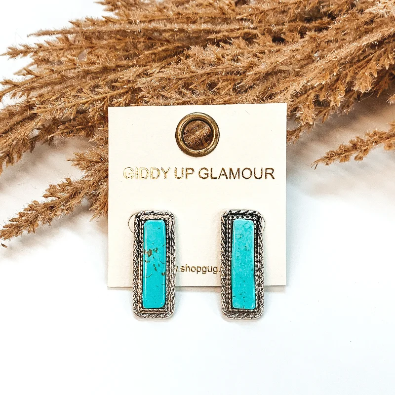 Elegant Gold Earrings-Post Back Stud Earrings with Rectangle Stone in Turquoise