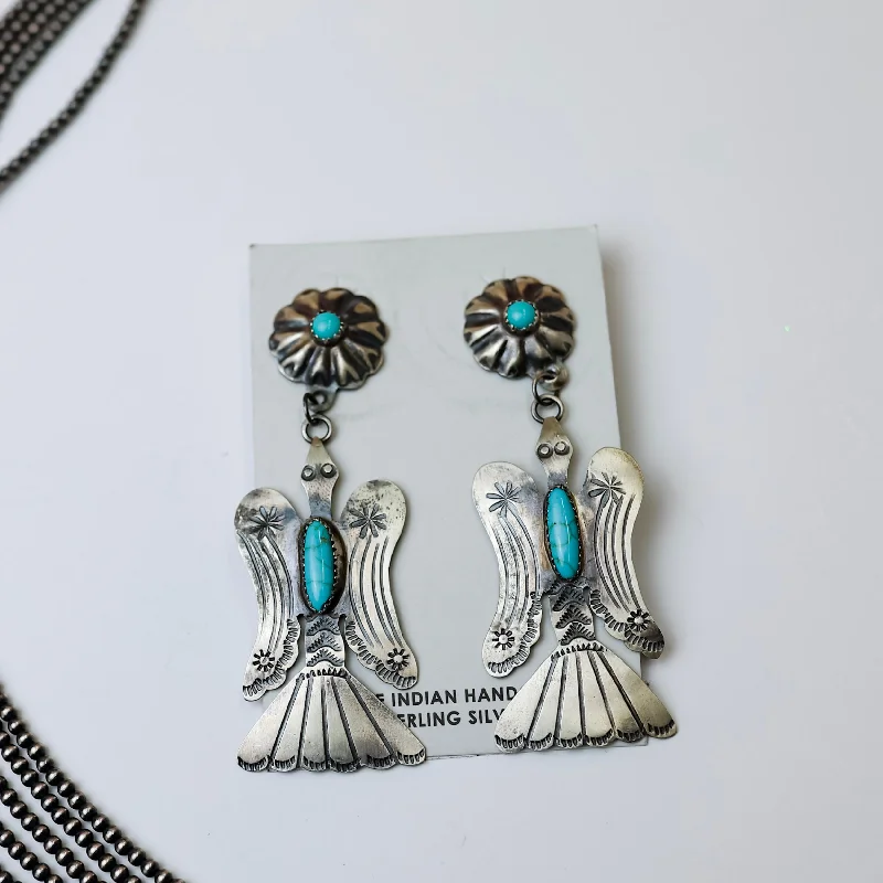 Silver and Gold Earrings-Tim Yazzie | Navajo Handmade Sterling Silver with Turquoise Stones Thunderbird Dangle Earrings